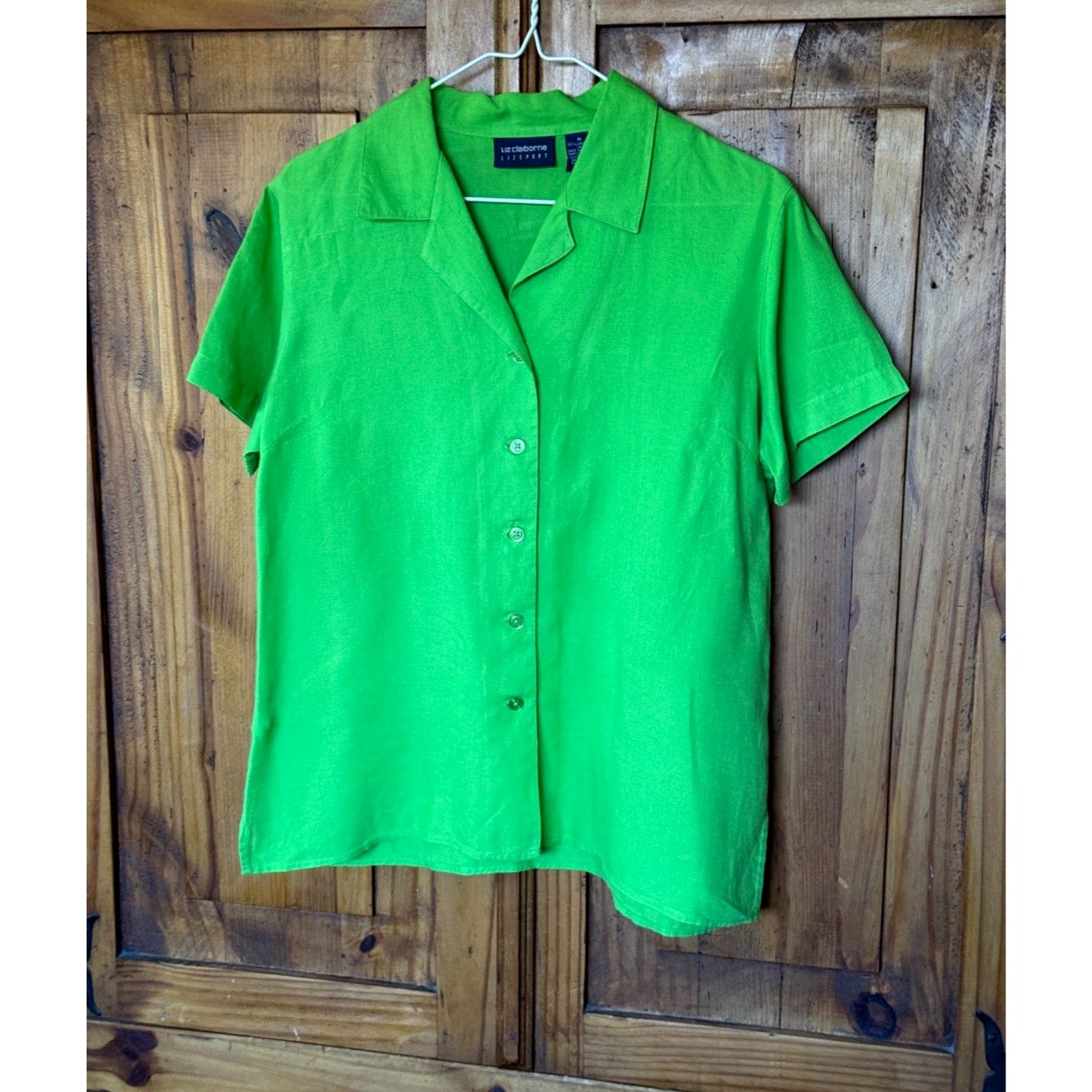 Liz Claiborne Lizsport Linen Short Sleeve Lime Green Shirt Size M